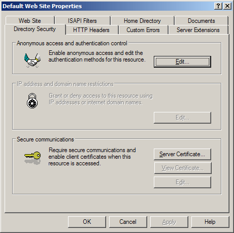 IIS 
	SSL server certificate - default properties